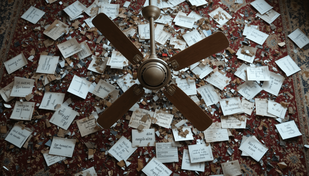 Ceiling fan overhead of rug littered with insurance quotes