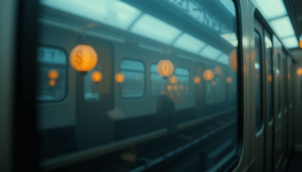 a foggy L train window, reflecting Capital One’s app alerts on my phone through city light streaks