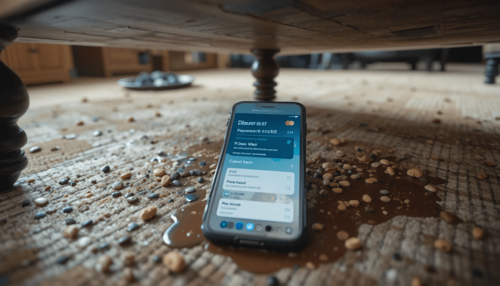 phone showing Discover’s payment tracker amid spilled cocoa