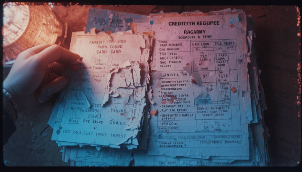 Shredded card vs. credit report, from my lamp’s wonky glow, Polaroid distress