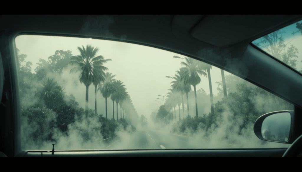 Ceiling fan overhead of rug littered with app screenshots