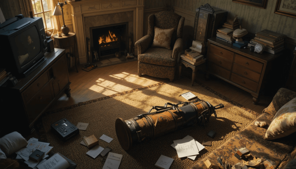 A high-resolution image of a quiet living room post-quitting, with an empty golf bag slumped in the corner