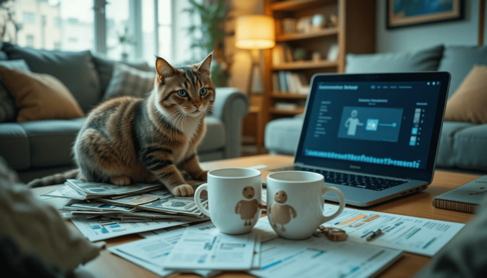 Corals-greens-blue hues blend bittersweet love and stress in couple banking.