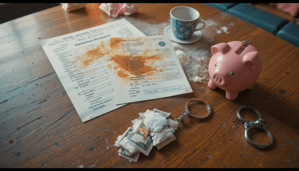 half-filled bank application, a coffee-stained receipt, and a split piggy bank keychain.