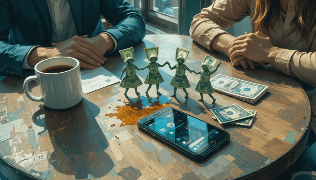 a phone showing banking apps, a spilled coffee mug