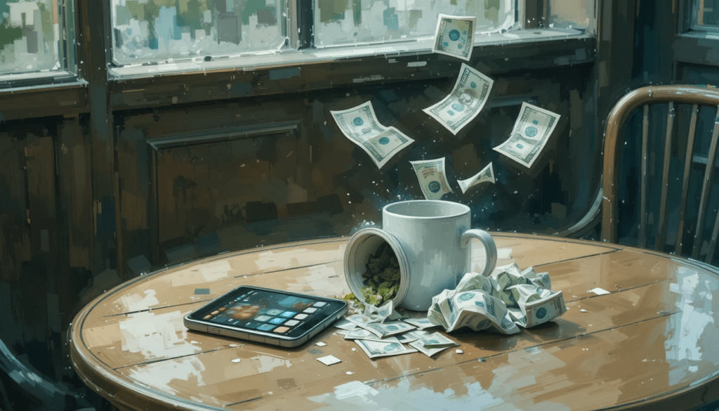 dollar bills holding hands over coffee mugs.