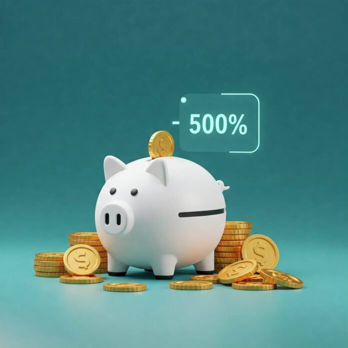 Digital piggy bank with 5% growth.